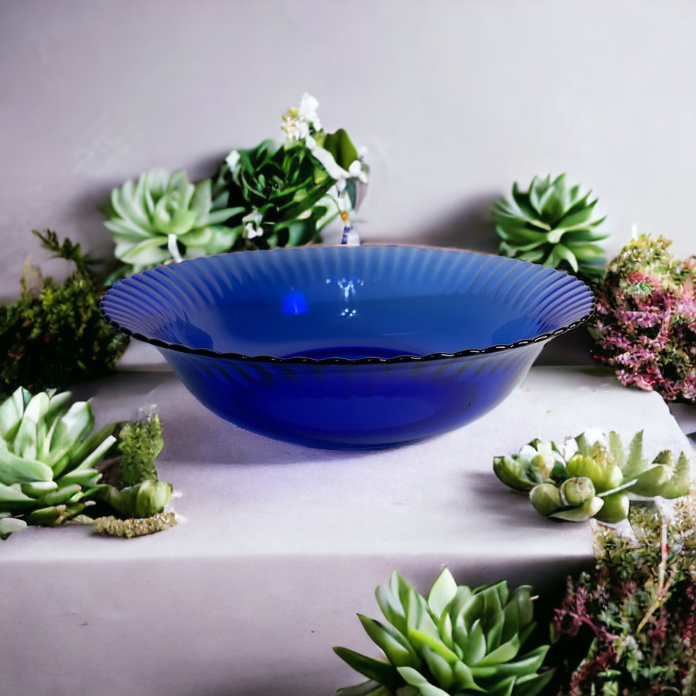 Vintage Cobalt Blue Glass Bowl Colorex Brazilian Fluted Scalloped Signed 9 1/2”